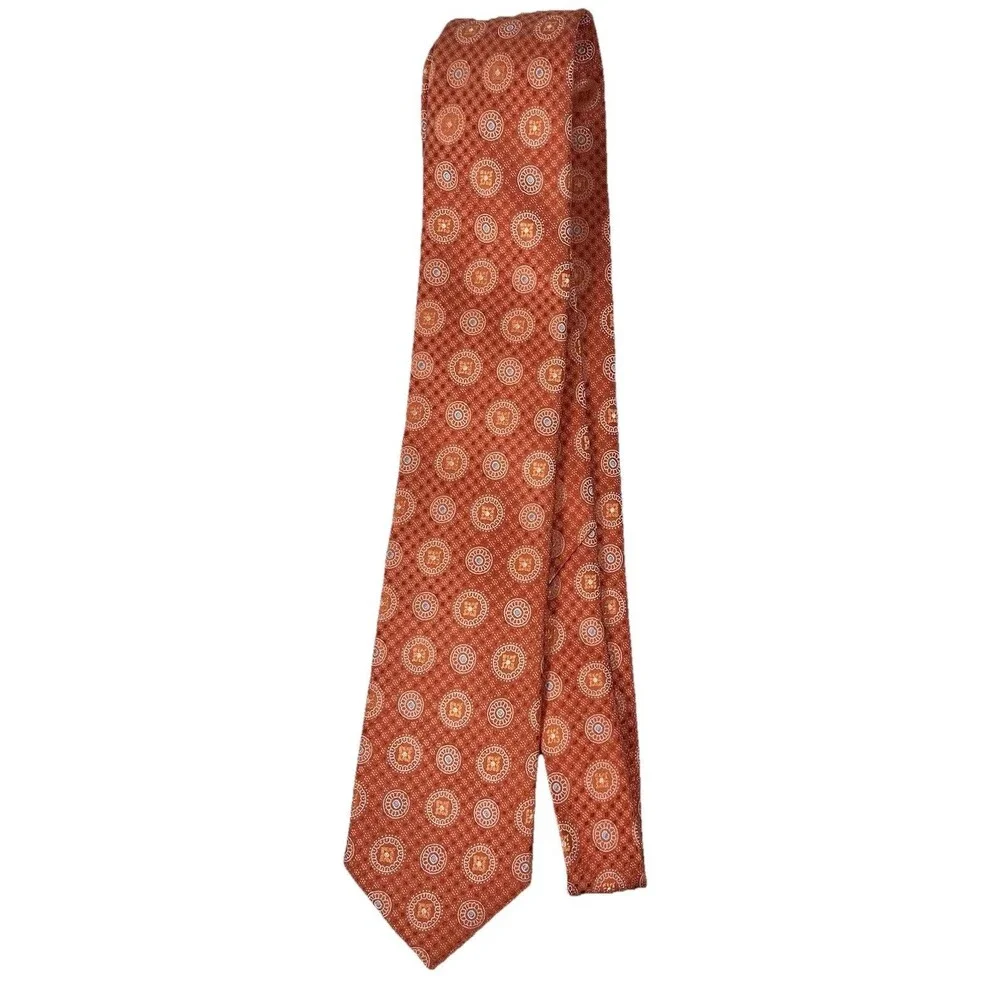 Broletto Mens 100% Silk Necktie Orange/White/Blue Geometric Circle Formal EUC